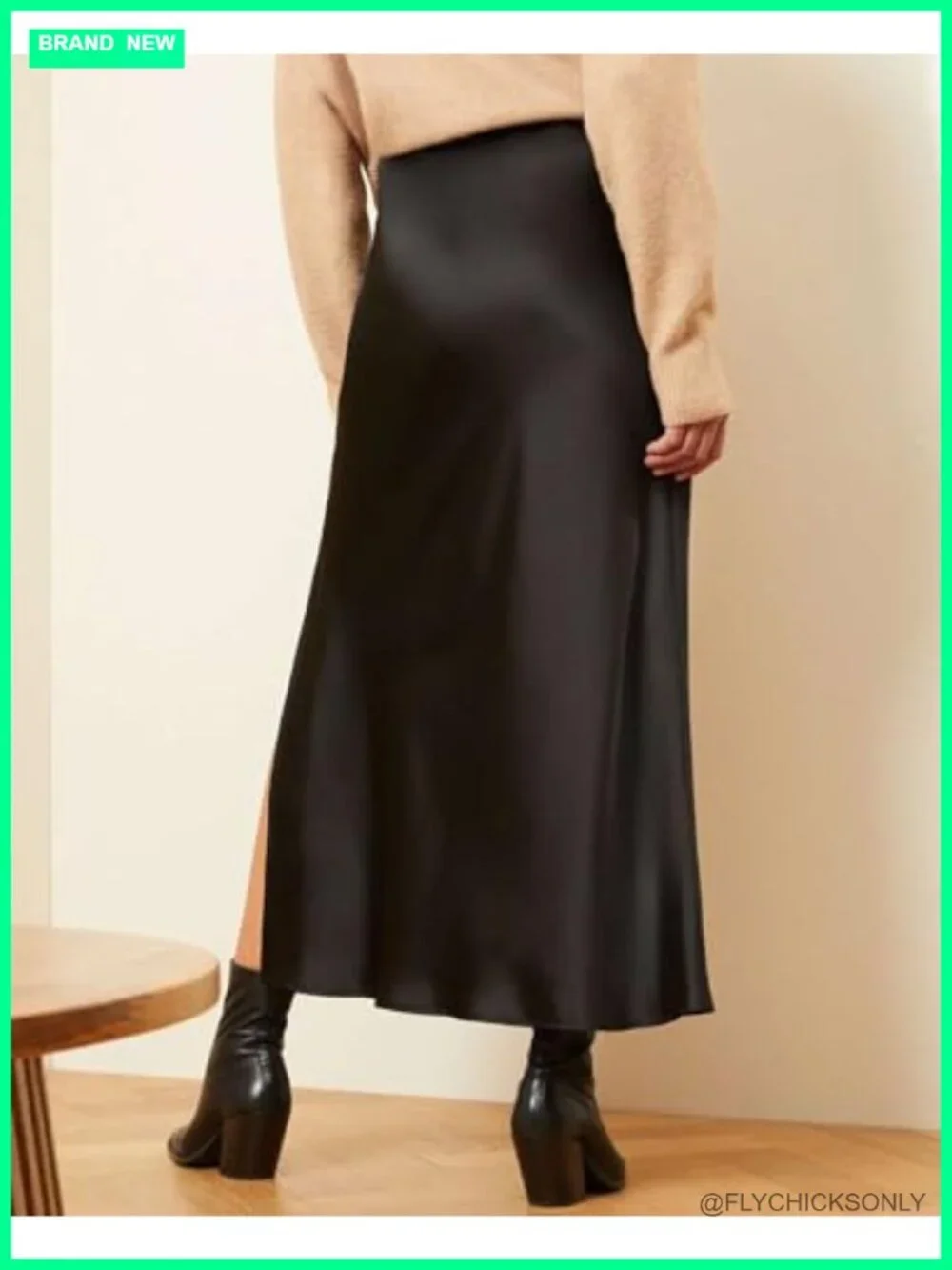 Satin High Waisted Side Split Maxi Skirt Elastic Waistband A-Line